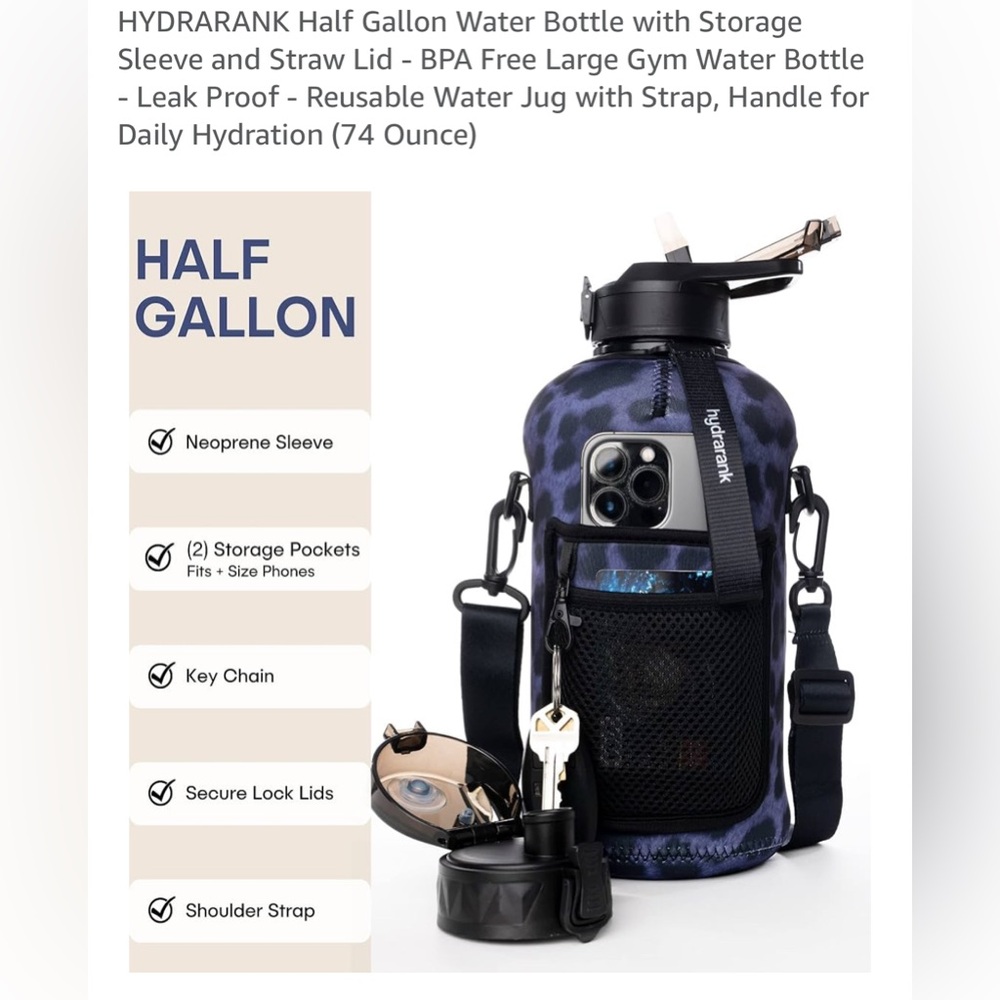 HYDRARANK Half Gallon Water Bottle – NWOT Gym Jug w/ Strap & Straw Lid - Picture 2 of 3
